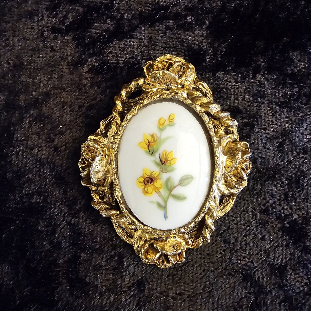 Vintage Gold-Tone Metal Brooch with Hand-Painted Porcelain Floral Insert